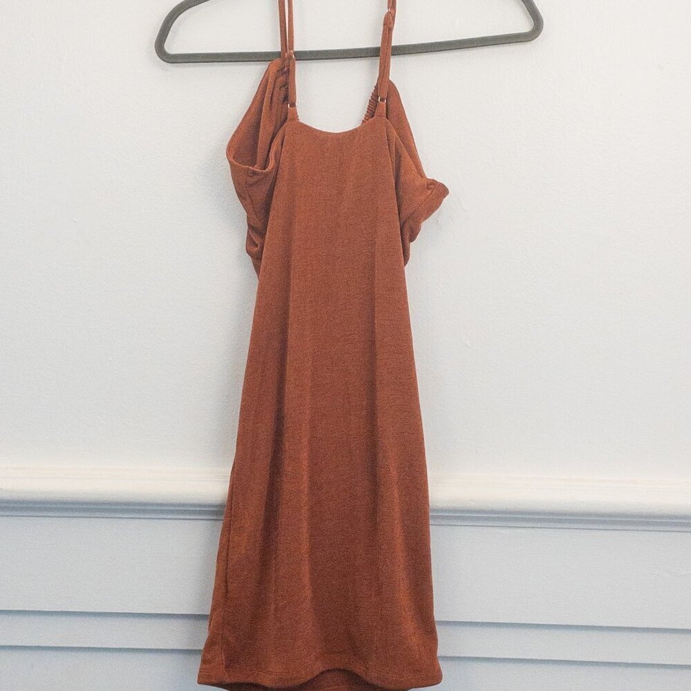 Elodie Rust Knit Bodycon Dress Strappy Back Twist Front Mini Small - Picture 3 of 5